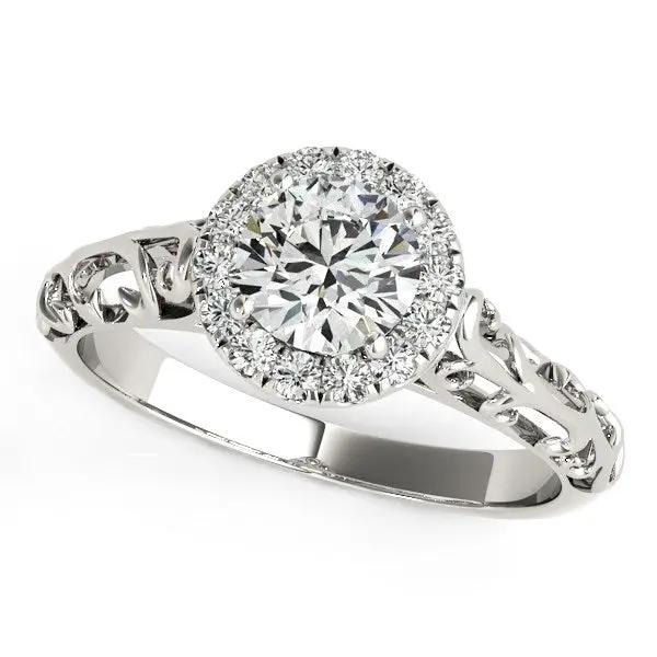 14k white gold halo antique style round diamond engagement ring with ornate pave halo band on Tampa Home & Garden Store