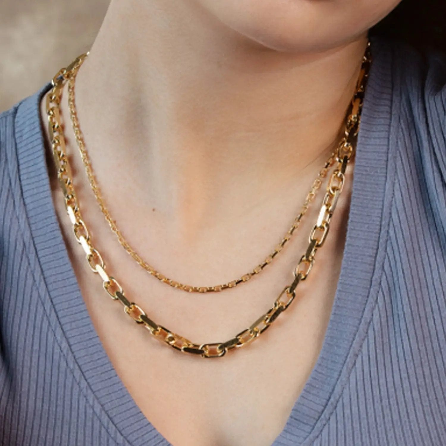 14k yellow gold French cable link chain necklace 6.10 mm, two gold chains layered on Tampa Home & Garden Store