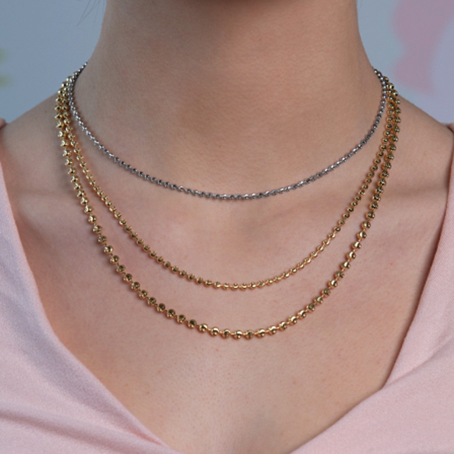 Moon Cut Bead Chain Necklace in 14k white gold 2.50 mm, layered with two gold bead chains on Tampa Home & Garden Store