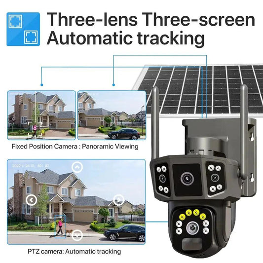 Outdoor Solar Pan Tilt Camera with Night Vision PTZ auto-tracking and solar panel setup on Tampa Home & Garden Store