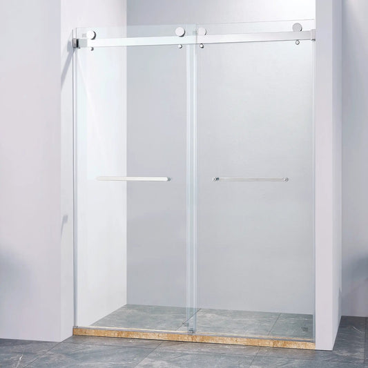 Frameless double sliding shower door in chrome with two glass panels and chrome rails on Tampa Home & Garden Store