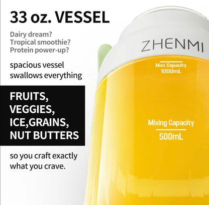 BlendGo portable blender 33 oz vessel with orange smoothie, ZHENMI branding on the lid on Tampa Home & Garden Store