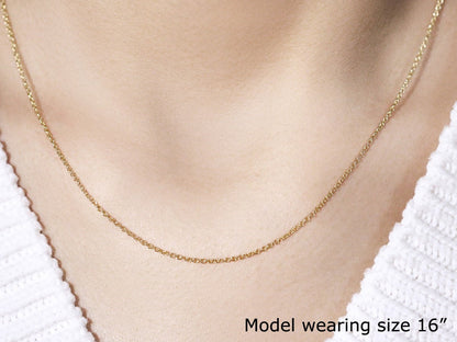 14k yellow gold round cable link necklace 1.3mm by Bids.com worn by model on Tampa Home & Garden Store