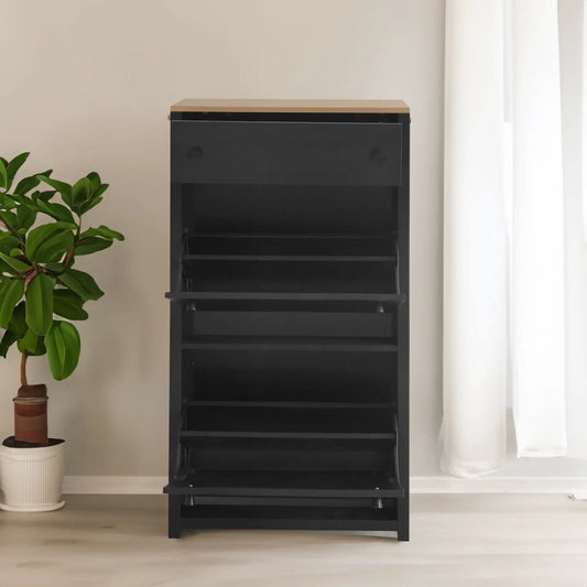 Ontrend Entryway Shoe Cabinet with 2 Flip Drawers, black finish and natural wood top on Tampa Home & Garden Store