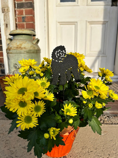 Labradoodle plant stake decorative marker in black metal among yellow mums in an orange pot on Tampa Home & Garden Store
