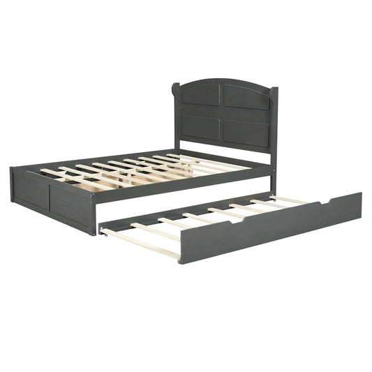 Wood queen platform bed with twin trundle drawers, dark gray finish and slatted foundation on Tampa Home & Garden Store