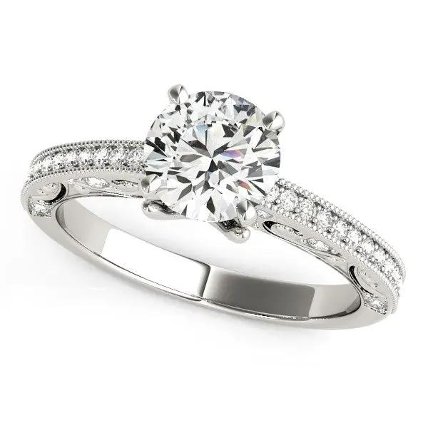 14k white gold antique-prong round center diamond engagement ring, 1 1/8 cttw, pavé band on Tampa Home & Garden Store