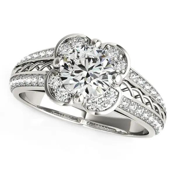 Engagement ring with round diamond floral motif, 14k white gold, pavé bands on Tampa Home & Garden Store
