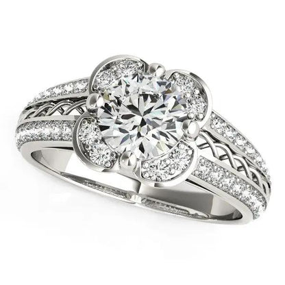 Engagement ring with round diamond floral motif, 14k white gold, pavé bands on Tampa Home & Garden Store