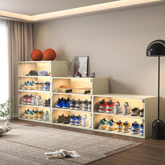 Off White Glass Door Shoe Box With RGB Light shoe cabinet glass doors displaying sneakers on Tampa Home & Garden Store