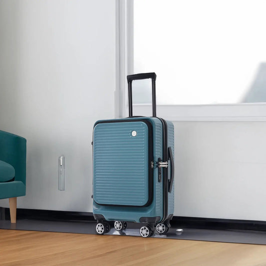 Blue 20-inch carry-on luggage with front pocket, ribbed hard-shell and retractable handle on Tampa Home & Garden Store