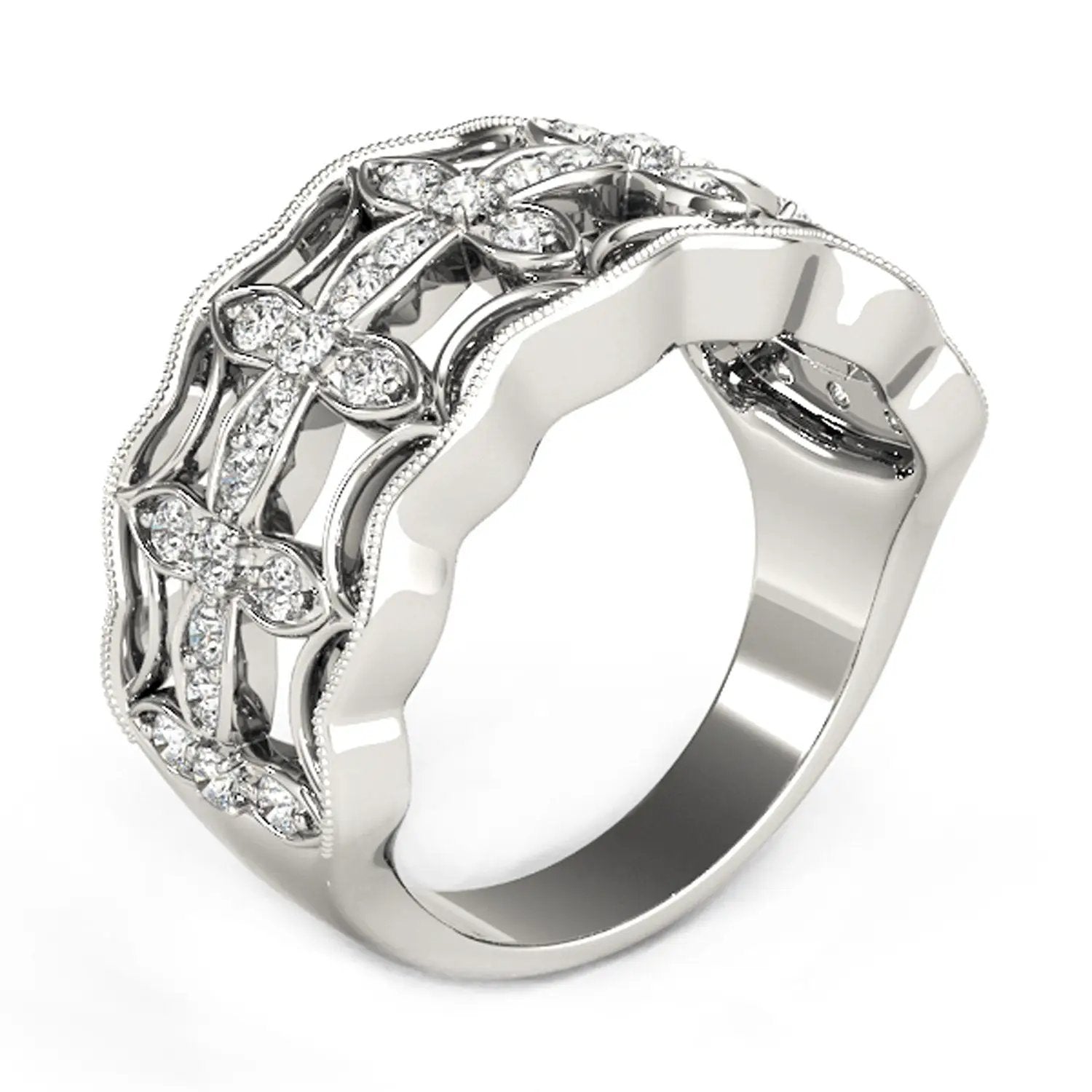 Diamond studded four-leaf clover motif ring in 14k white gold, 1/4 cttw diamonds on Tampa Home & Garden Store