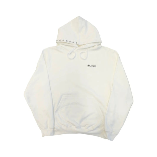Slyce Signature Day Off Hoodie white hoodie with hood drawstrings and SLYCE logo on chest on Tampa Home & Garden Store