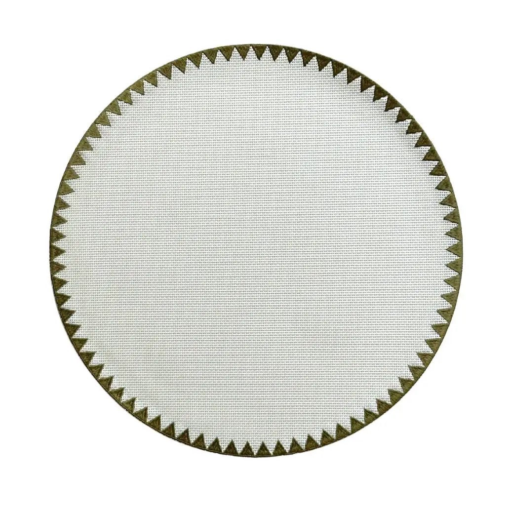Montana placemat with bold geometric trim, round cream center, olive edge, by Talah Home on Tampa Home & Garden Store