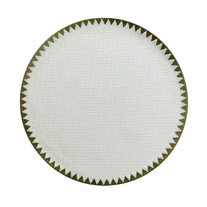 Montana placemat with bold geometric trim, round cream center, olive edge, by Talah Home on Tampa Home & Garden Store