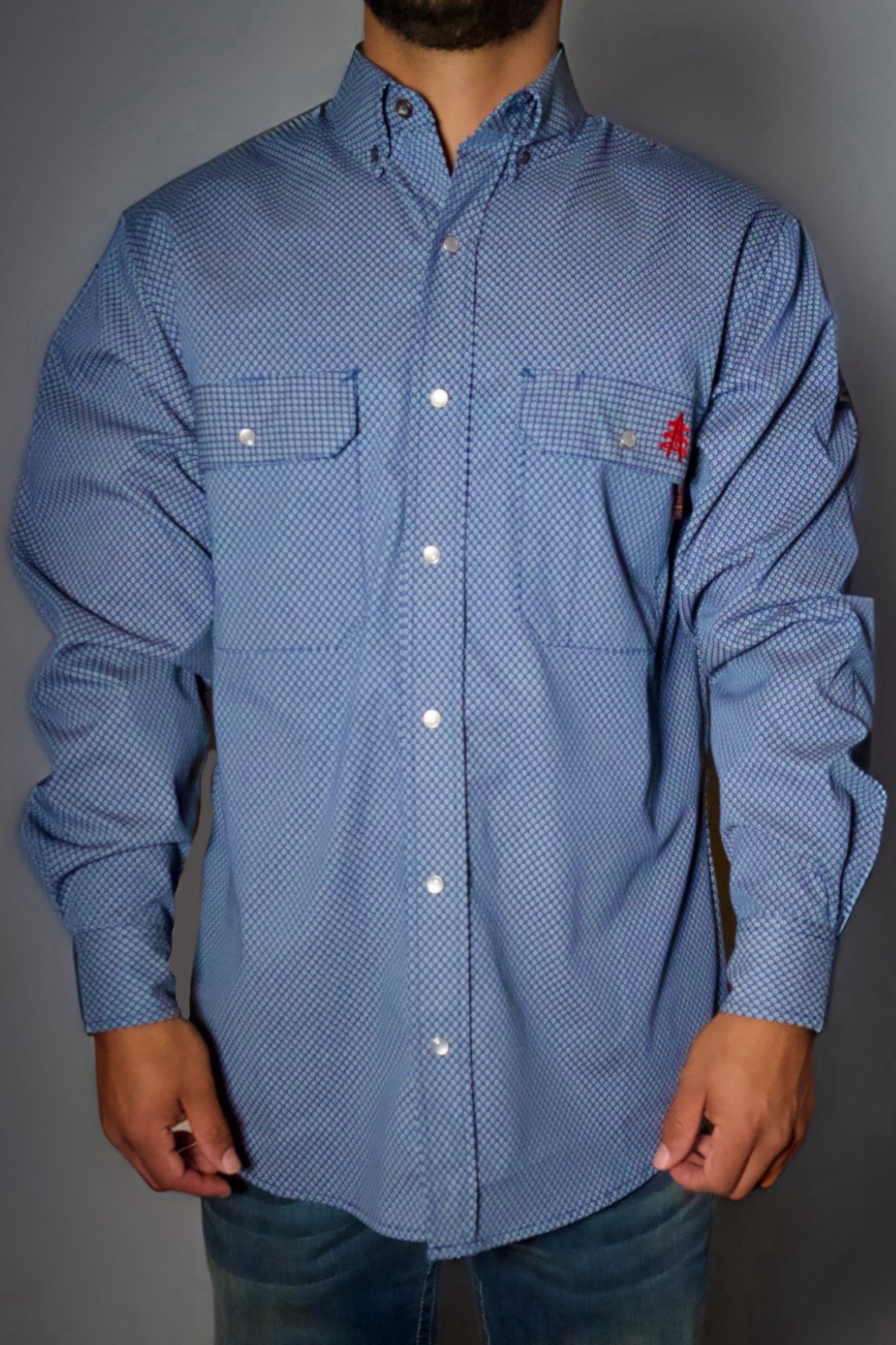 Static FR Pearl Snap Shirt Conqueror Navy with U.S. flag embroidery, two chest pockets on Tampa Home & Garden Store