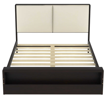 Queen Size Platform Bed Frame with Upholstery Headboard and Bookshelf in Footboard and LED Light Strips, Espresso - Tampa Home & Garden Store