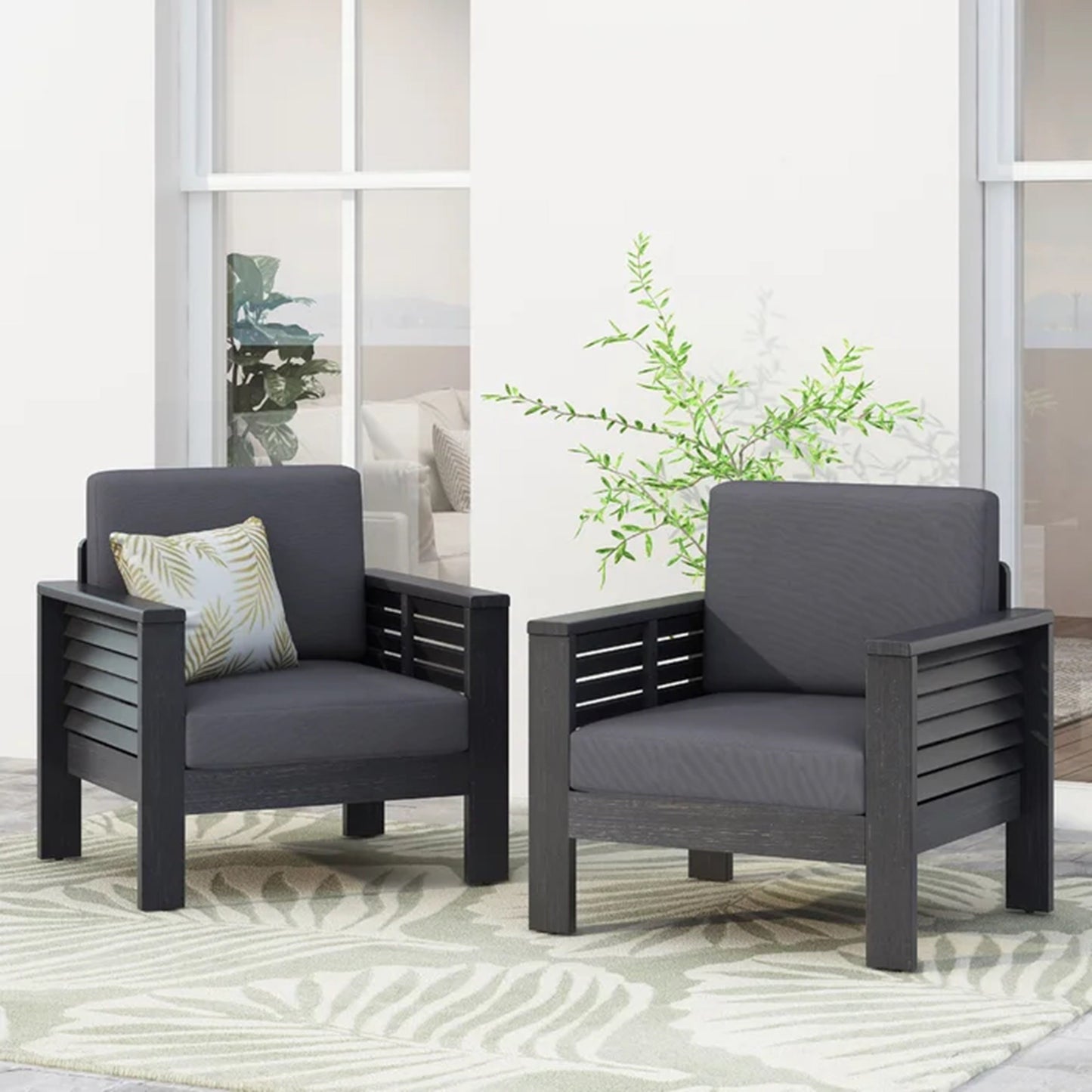 2 Outdoor Acacia Wood Club Chairs with Cushions, Dark Gray, 27.75"D x 32"W x 27.75"H