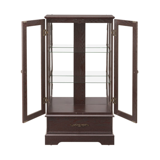 Light colored glass cabinet with adjustable glass frame Curio display cabinet, 2 doors and 1 drawer light bulb cherry color