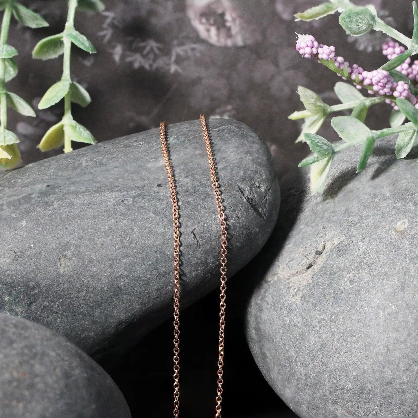14k rose gold round cable link necklace, 1.25 mm, two delicate chains on gray stones, Bids.com on Tampa Home & Garden Store