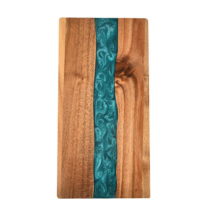 Acacia wood resin splicing charcuterie board with teal epoxy ocean wave inlay, cutting board on Tampa Home & Garden Store
