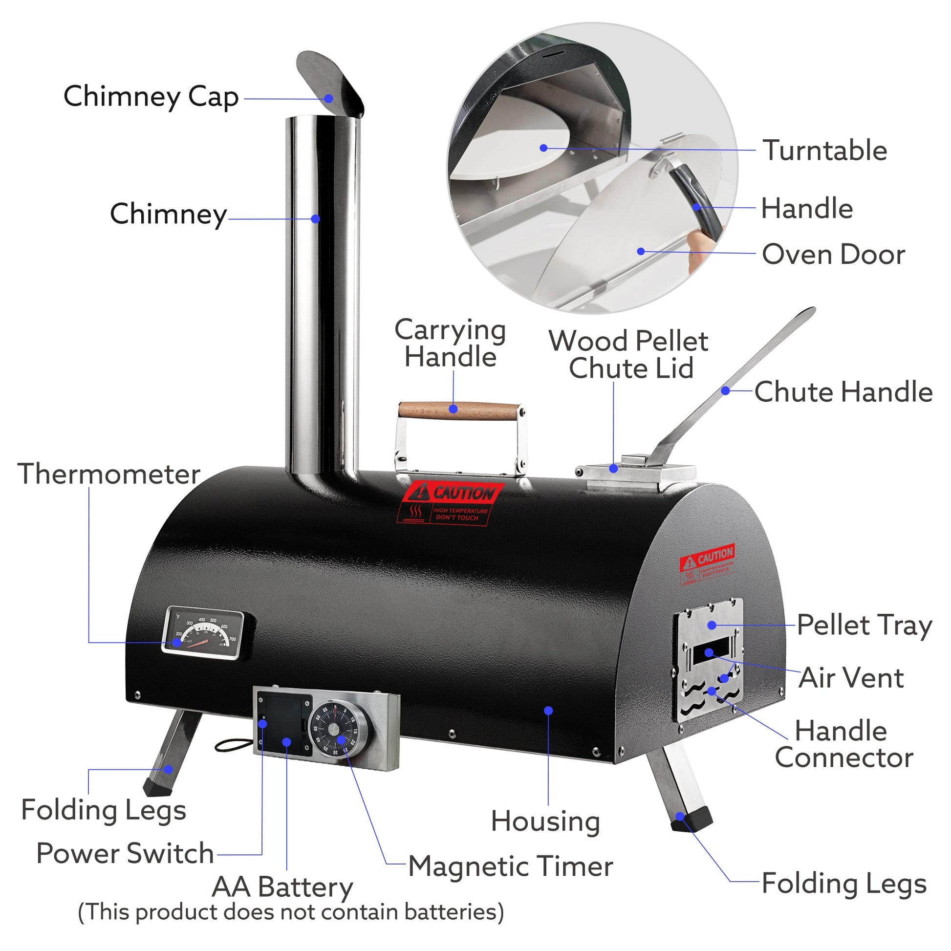Black Pizza Oven Outdoor 12" Automatic Rotatable Pizza Ovens Portable Stainless Steel Wood Fired Pizza Oven Pizza Maker - Tampa Home & Garden Store