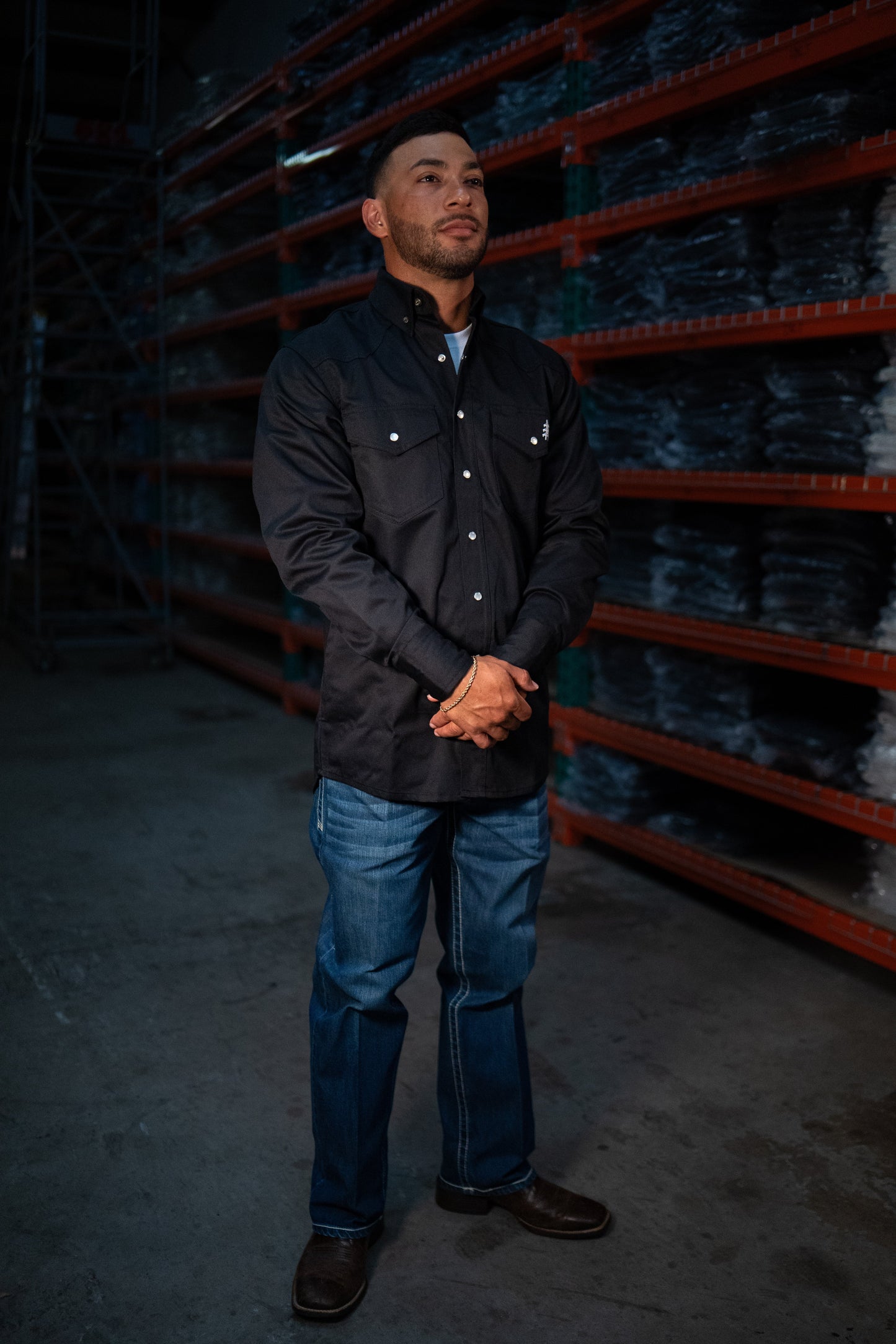 FR Western Style Pearl Snap Black work shirt by Static FR, black long-sleeve with chest pockets on Tampa Home & Garden Store