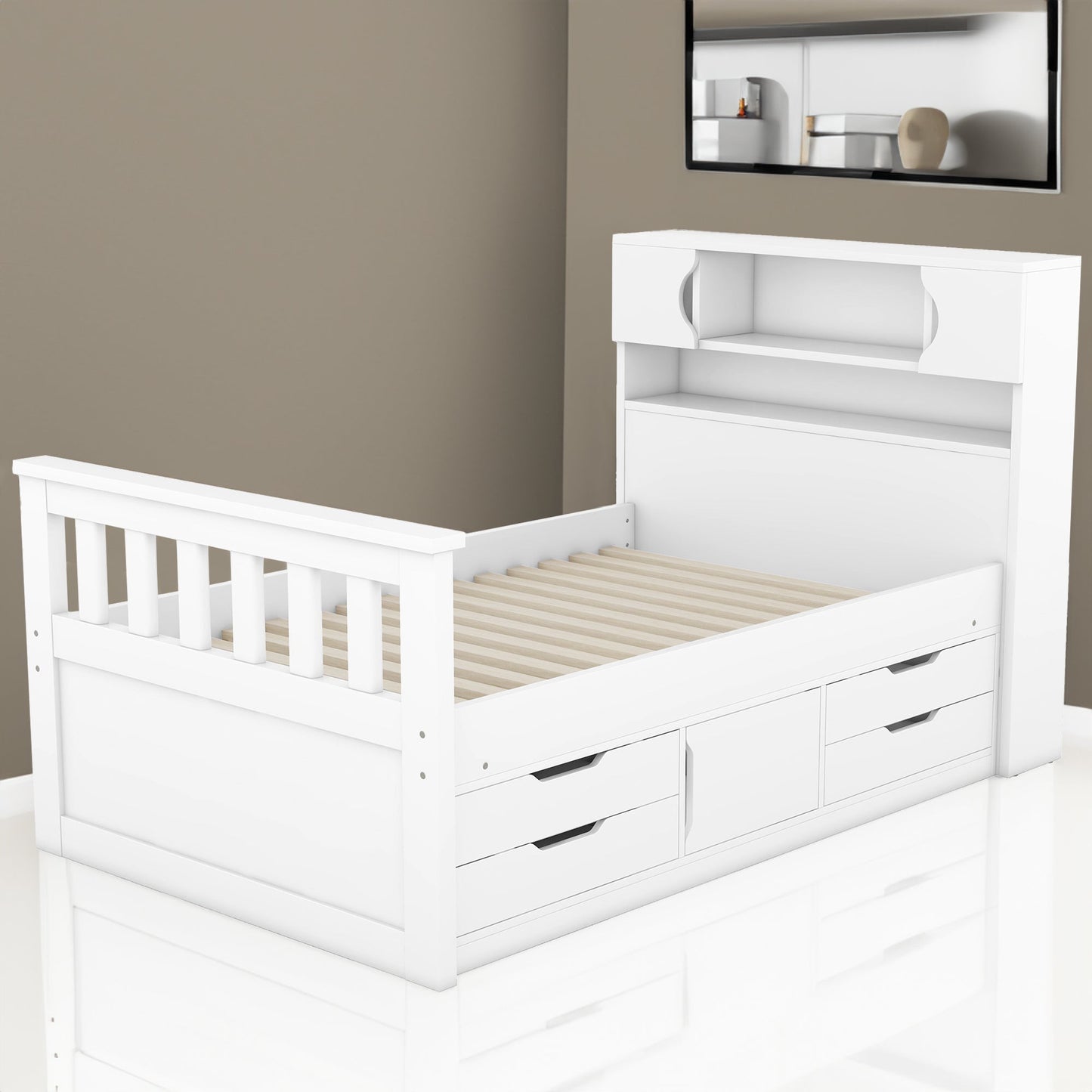 Twin Size Captain Platform Bed Frame with Storage Bookcases and Shelves,Four Drawers,White - Tampa Home & Garden Store