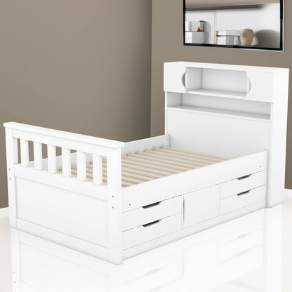 Twin Size Captain Platform Bed Frame with Storage Bookcases and Shelves,Four Drawers,White - Tampa Home & Garden Store