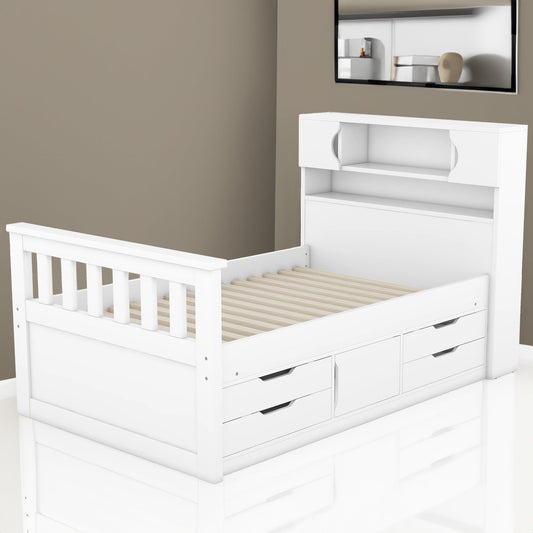 Twin Size Captain Platform Bed Frame with Storage Bookcases and Shelves,Four Drawers,White - Tampa Home & Garden Store