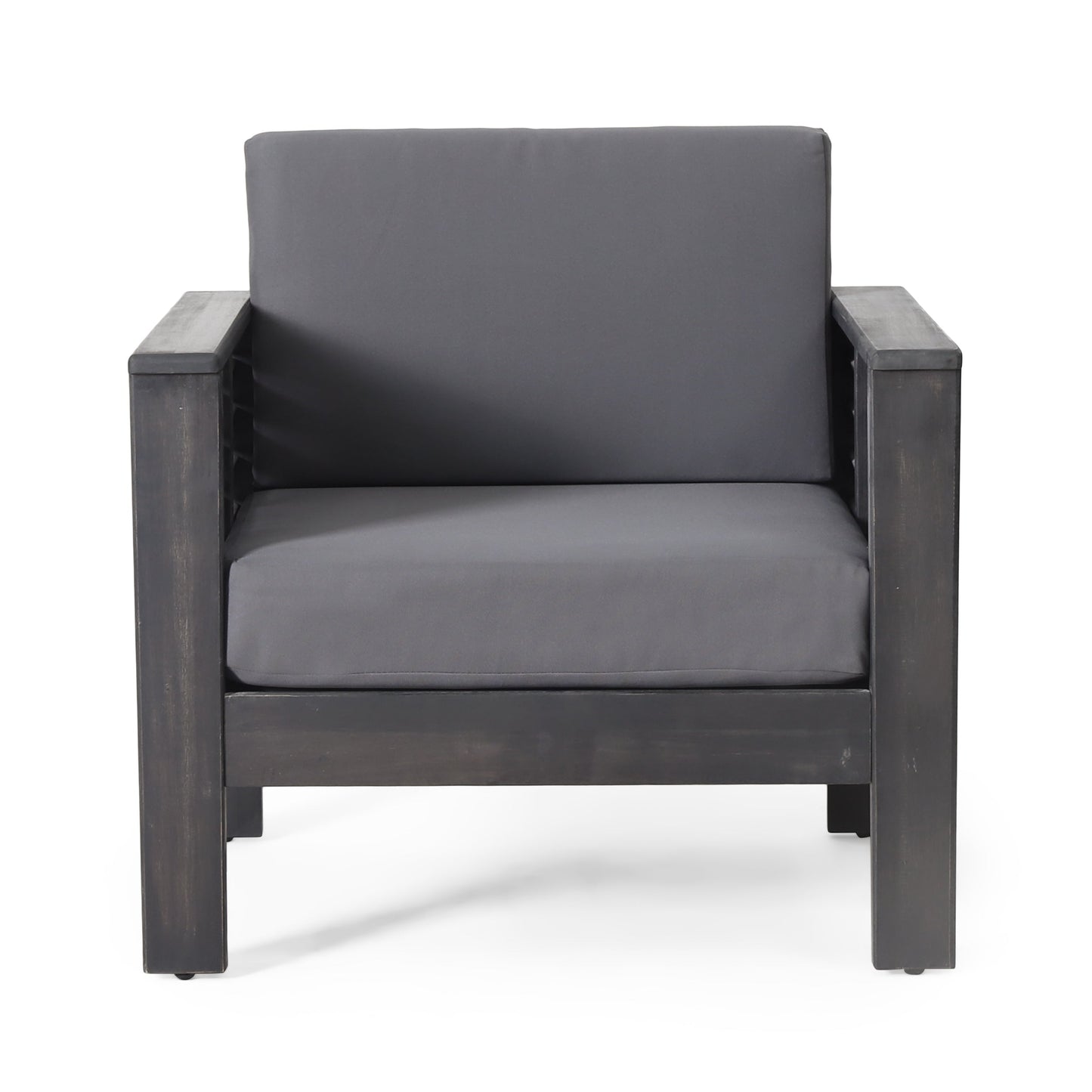 2 Outdoor Acacia Wood Club Chairs with Cushions, Dark Gray, 27.75"D x 32"W x 27.75"H