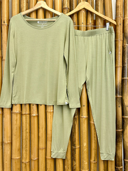 Women's Bamboo Lounge Set sage green long sleeve tee and jogger pants by Spun Bamboo on Tampa Home & Garden Store