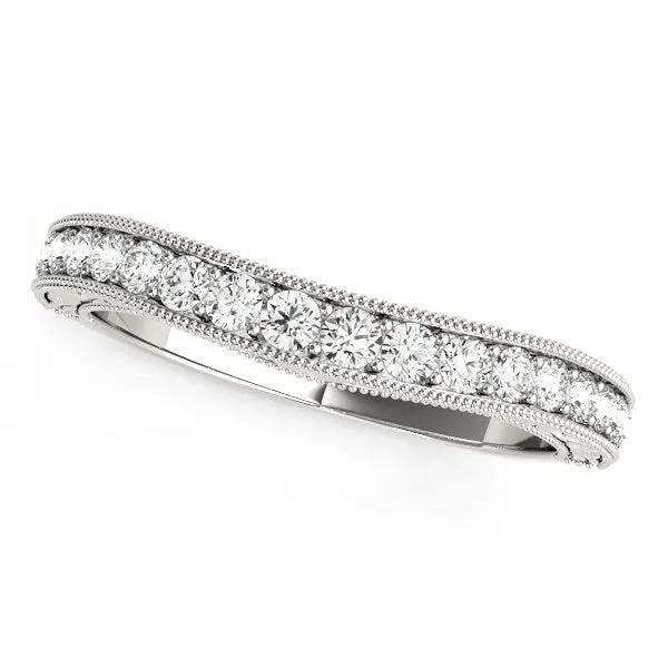 14k white gold curved diamond wedding ring with a beaded border and a row of diamonds on Tampa Home & Garden Store
