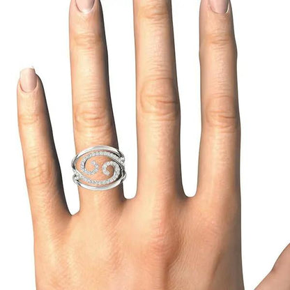 Swirl design diamond ring in 14k white gold with pave diamonds on finger on Tampa Home & Garden Store
