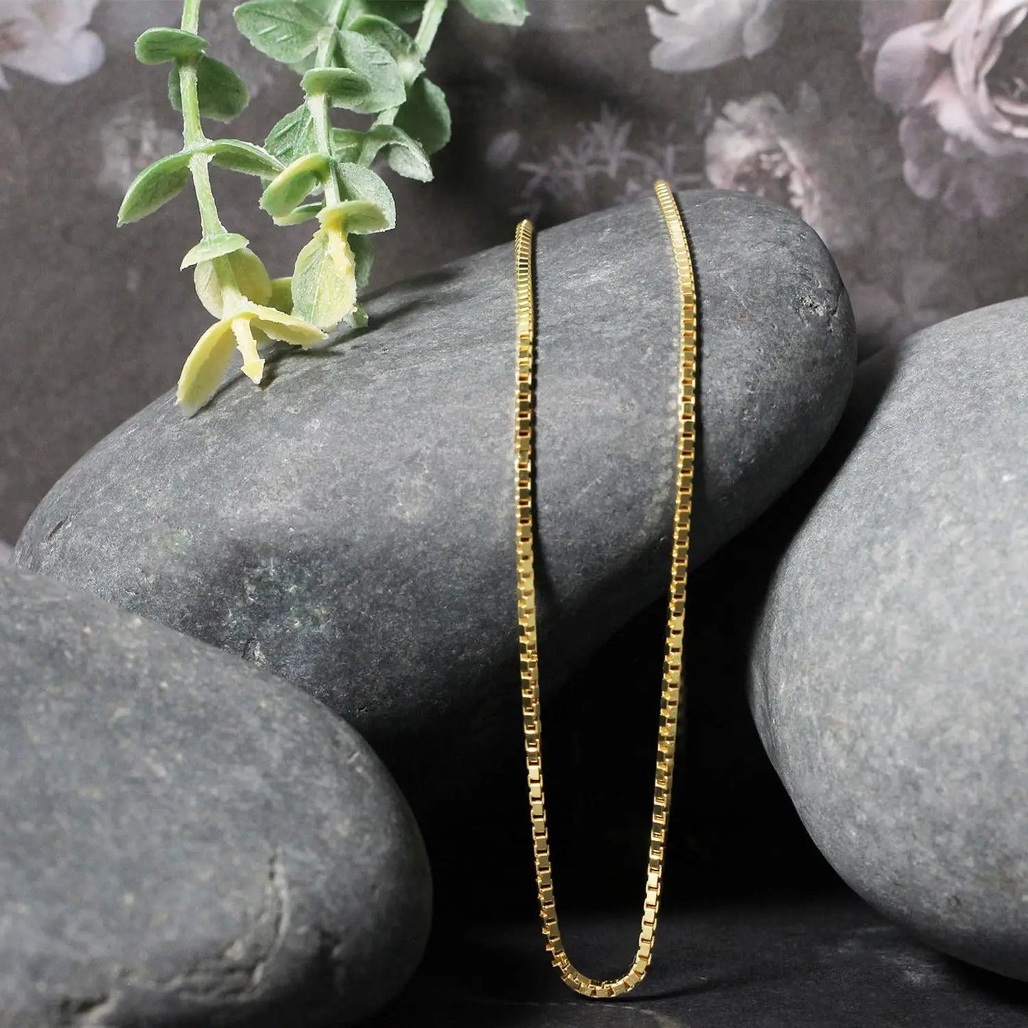 1.6mm yellow gold classic box chain necklace, 2 chains visible on Tampa Home & Garden Store