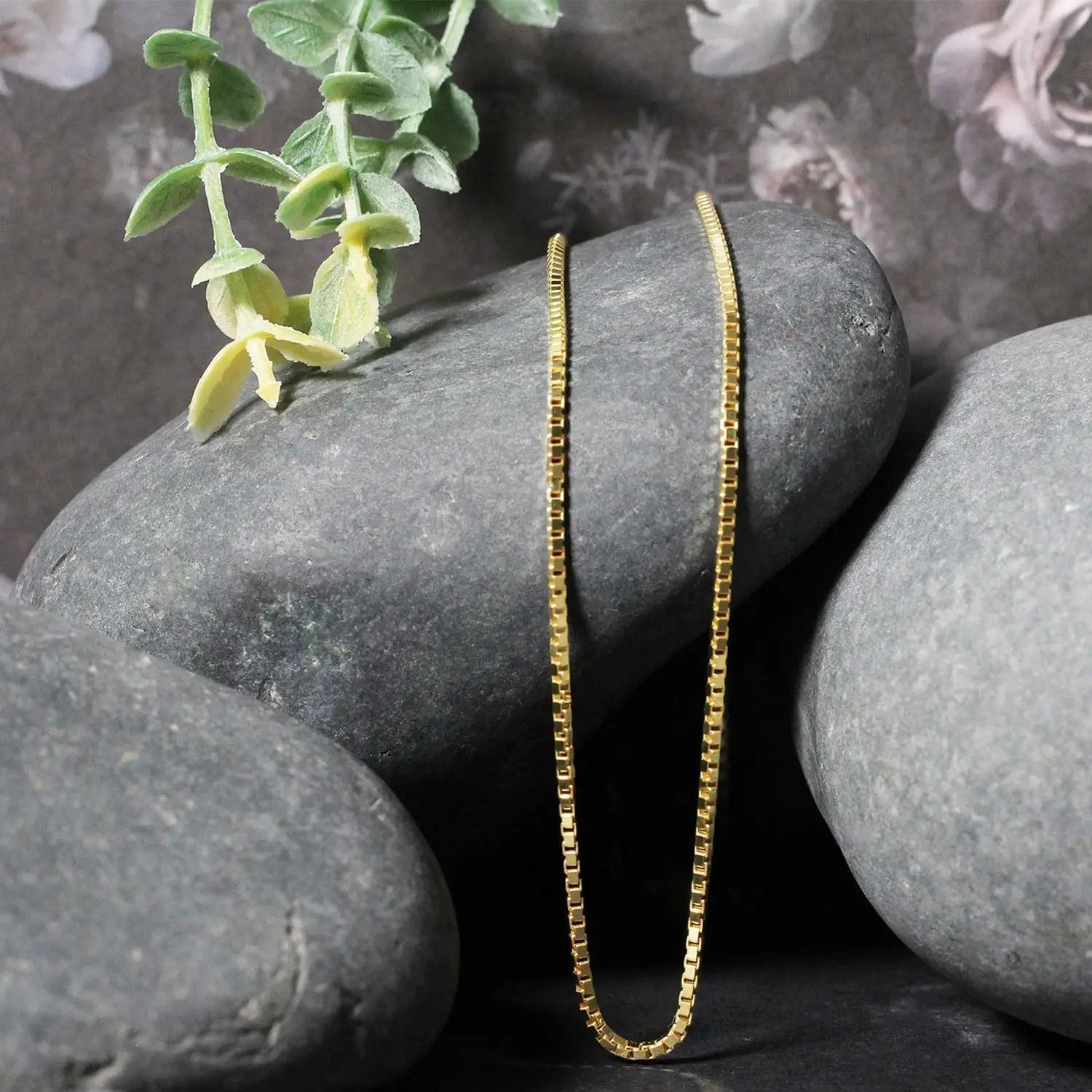 1.6mm yellow gold classic box chain necklace, 2 chains visible on Tampa Home & Garden Store
