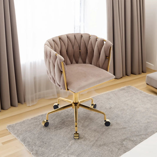 Gray velvet vanity chair with wheels, gold metal frame and tufted backrest, slipper chair on Tampa Home & Garden Store