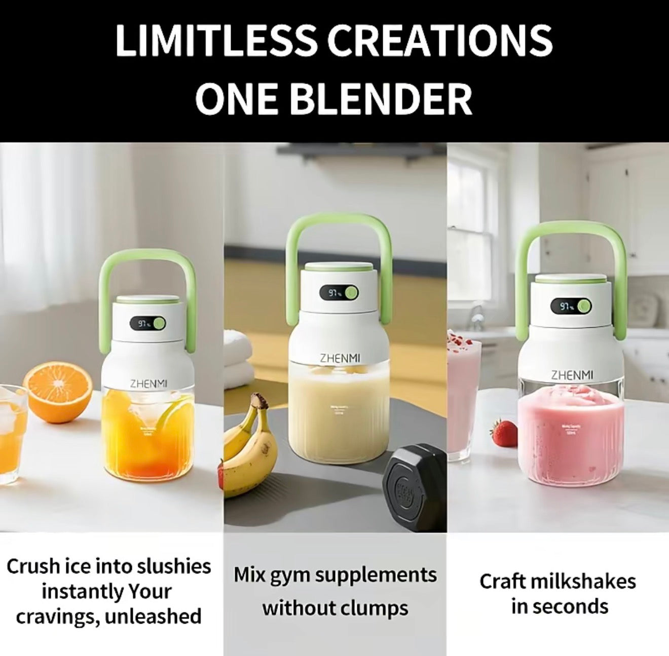 BlendGo Portable Blender white with lime green handle, ZHENMI branding; three beverages on Tampa Home & Garden Store