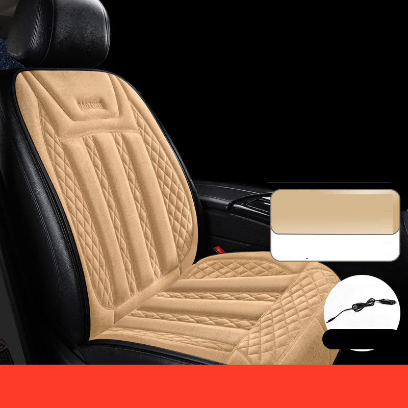 Car heated seat cushion beige plush with diamond-stitched panel, 12V/24V, single-seat with cord on Tampa Home & Garden Store