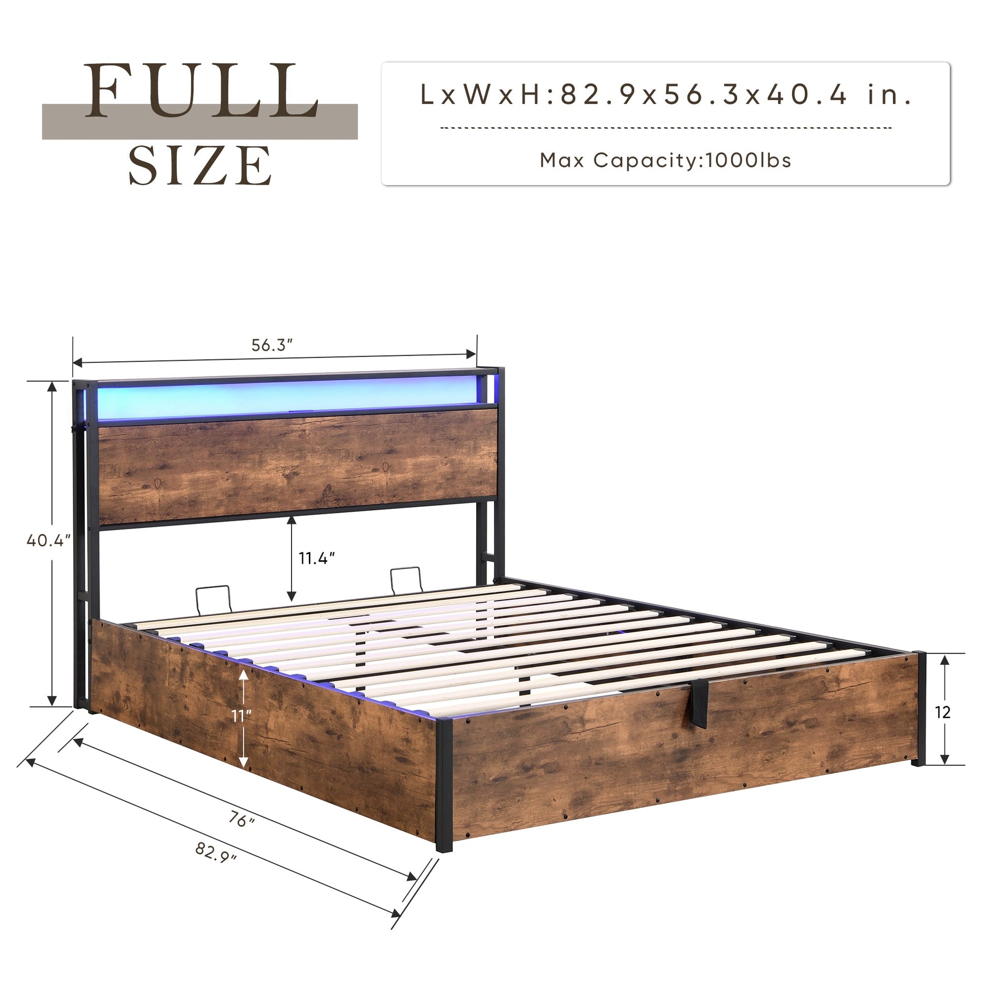 Elevating storage bed frame, full-size bed frame with bookshelf headboard and LED lights, with country brown color - Tampa Home & Garden Store