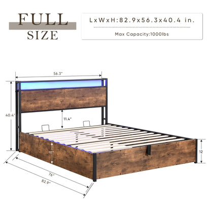 Elevating storage bed frame, full-size bed frame with bookshelf headboard and LED lights, with country brown color - Tampa Home & Garden Store
