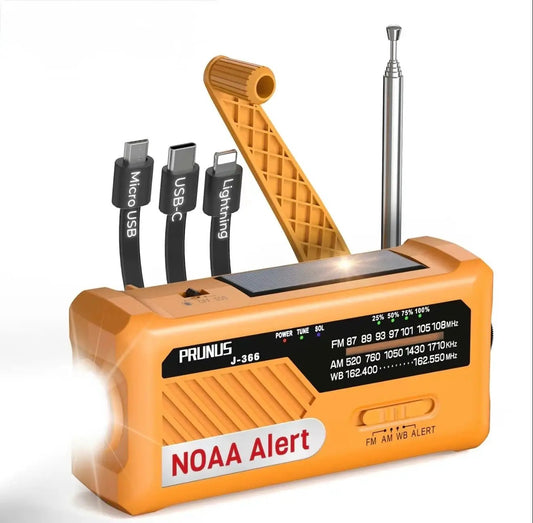OutagePro Emergency Radio, orange NOAA alert device with solar panel and multiport cables on Tampa Home & Garden Store