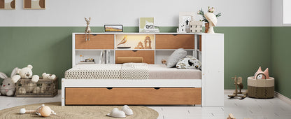 L-shaped bed frame with luggage and bookshelf, corner bed wooden captain's bed LED tube light and USB port walnut and white - Tampa Home & Garden Store