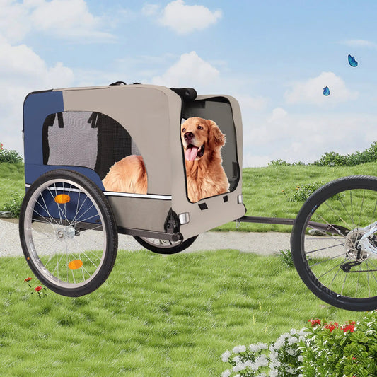 Tangkula Dog Bike Trailer with Breathable Mesh in beige and blue, dog peeking through door mesh on Tampa Home & Garden Store