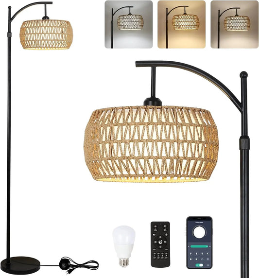 Black arc floor lamp with woven rattan shade and remote dimmable LED on Tampa Home & Garden Store