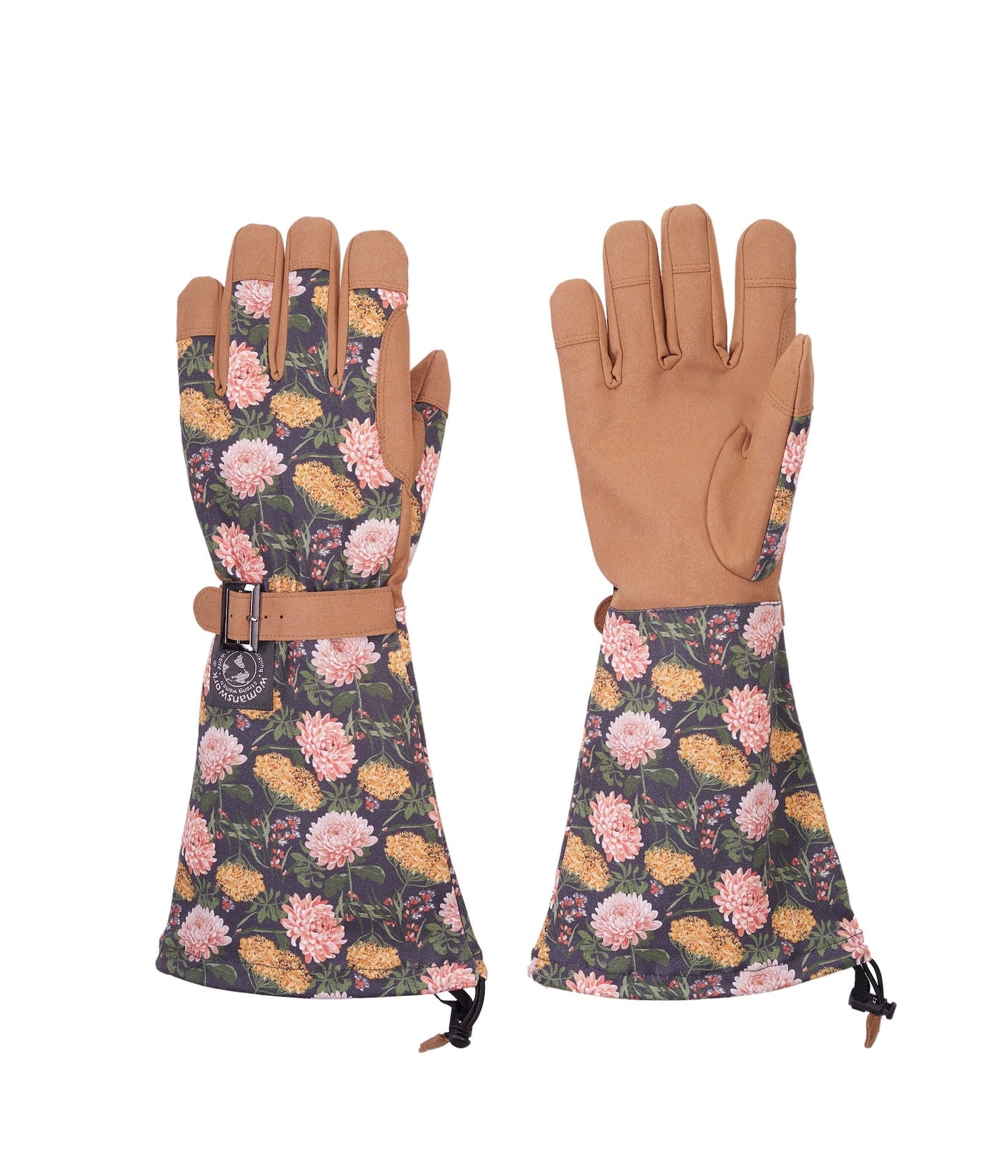 Arm Saver Gloves by Womanswork, floral back with tan palms, pair of gardening gloves on Tampa Home & Garden Store