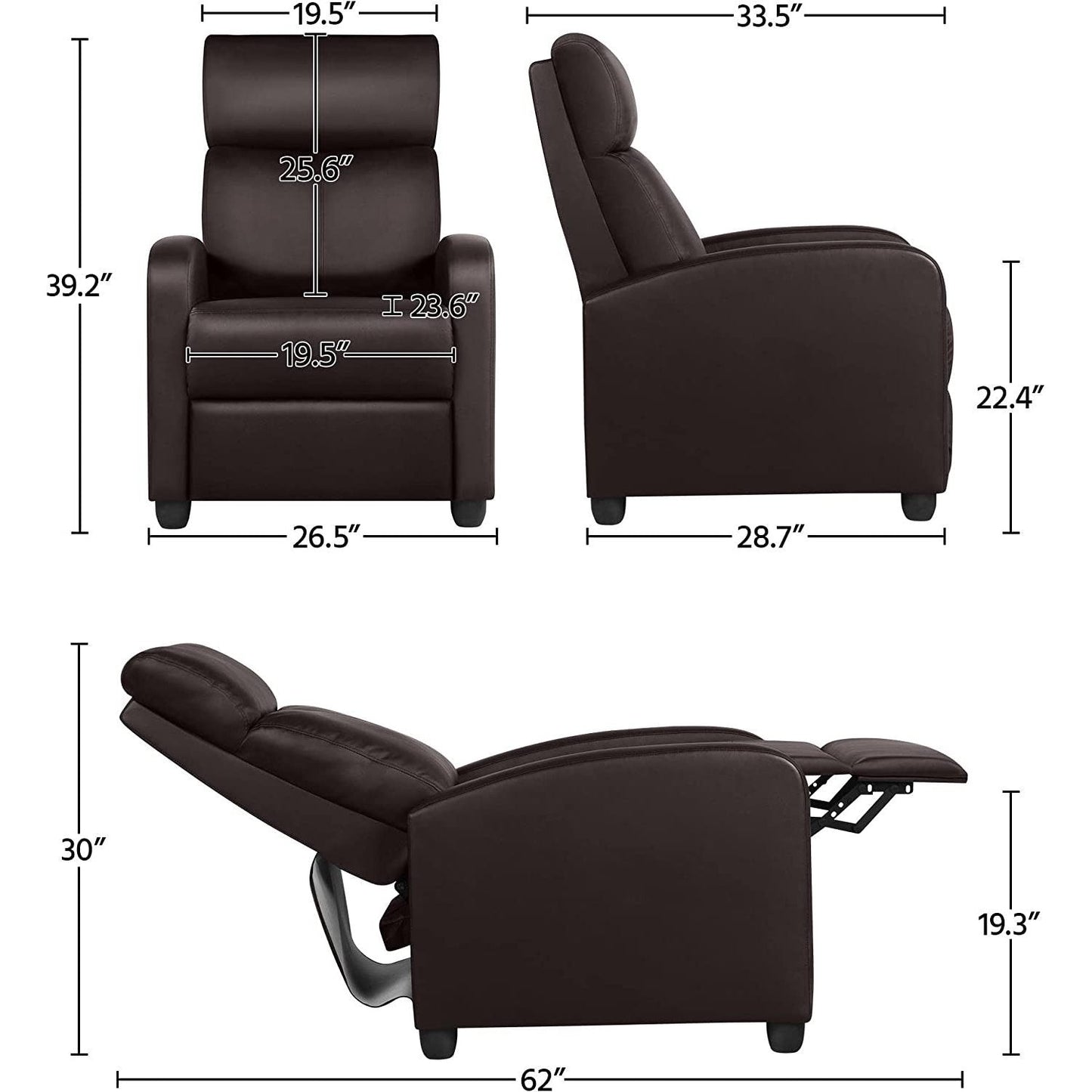 Sillón reclinable de piel sintética de alta densidad color marrón oscuro con empuje hacia atrás