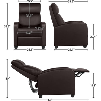 Sillón reclinable de piel sintética de alta densidad color marrón oscuro con empuje hacia atrás