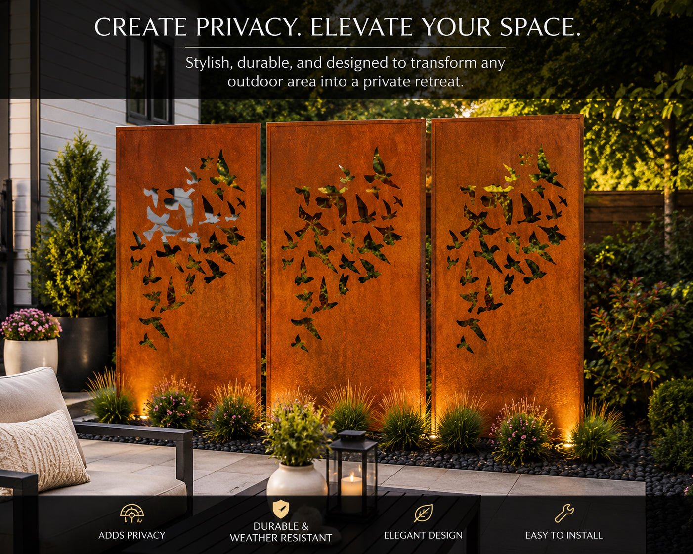Outdoor screen panels set of 3 in rust finish with bird silhouettes by Rustica Ornamentals on Tampa Home & Garden Store