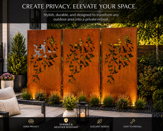 Rust-colored steel outdoor privacy fence panels with bird cutouts; 3-panel backyard screen on Tampa Home & Garden Store